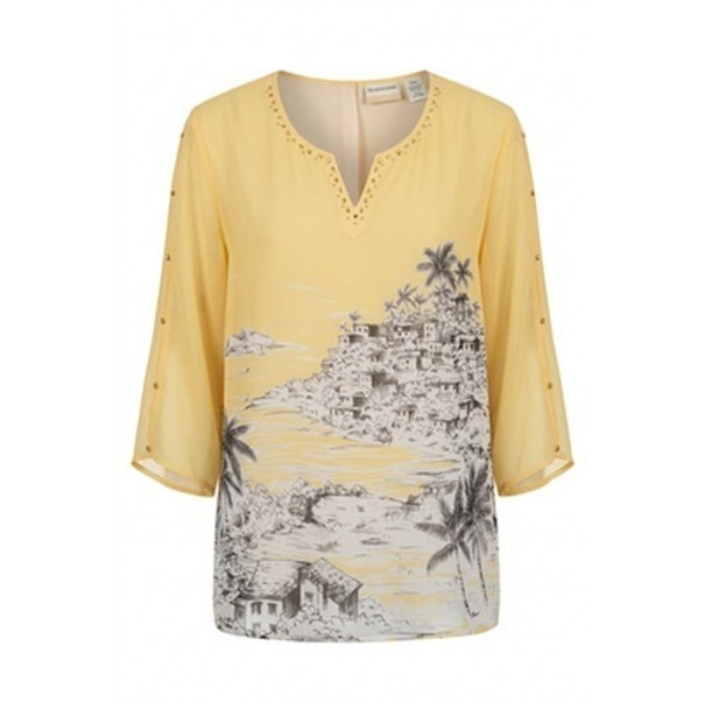 Alfred Dunner Shirt Women 22W Yellow Tropical Studded Sheer Tunic Beachy Coastal